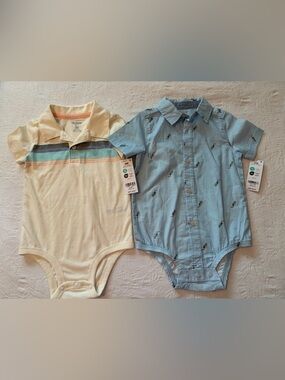 OshKosh B'gosh Cream Stripe and Light Blue Polo Bodysuit Set 24m new